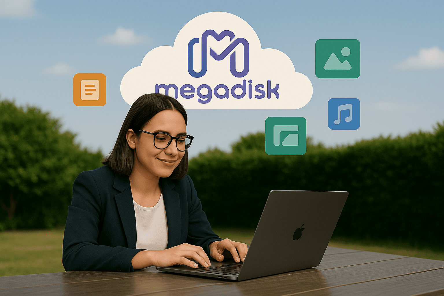 A young woman with shoulder-length brown hair and glasses works on a laptop at an outdoor wooden table. Above her, a cloud graphic displays the MegaDisk logo in purple, surrounded by colorful icons representing different digital tools, set against a bright sky and green landscape.