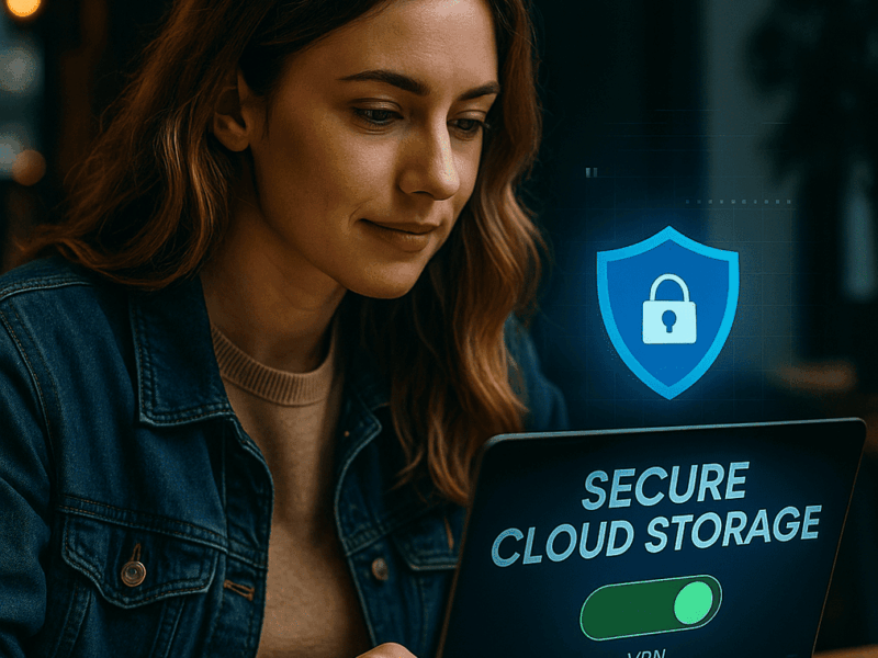 Woman using secure cloud storage on public WiFi with a VPN, working on Ubuntu laptop in a café, with digital icons for security and cloud sync.