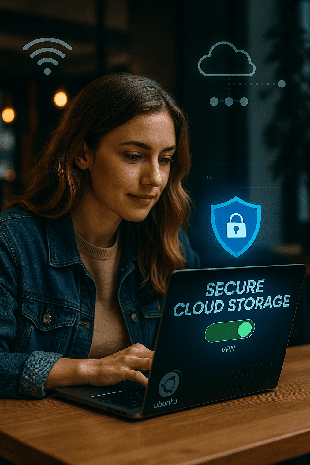 Woman using secure cloud storage on public WiFi with a VPN, working on Ubuntu laptop in a café, with digital icons for security and cloud sync.