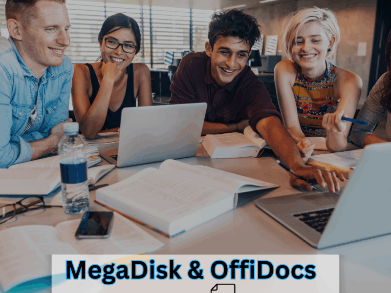Diverse group of students smiling and collaborating around a table with books and a laptop, working on a school project. At the bottom, a banner shows the text ‘MegaDisk & OffiDocs for School’ with a document and cloud download icon.