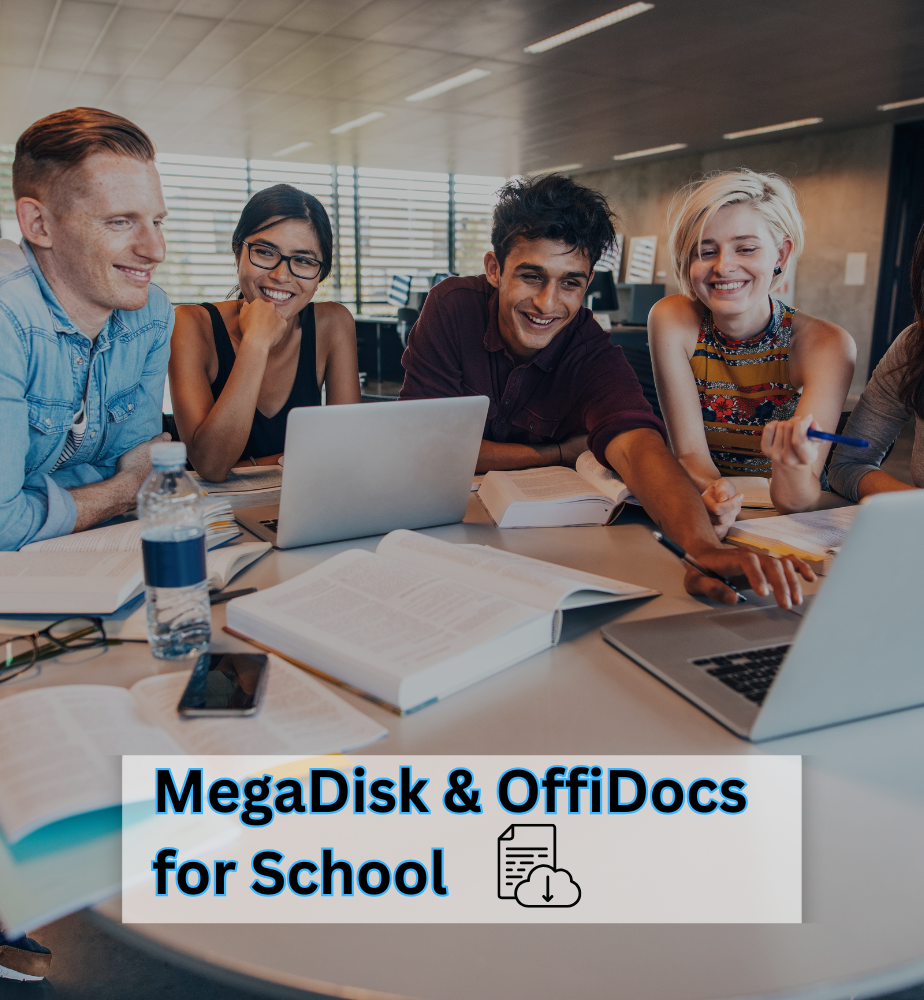 Diverse group of students smiling and collaborating around a table with books and a laptop, working on a school project. At the bottom, a banner shows the text ‘MegaDisk & OffiDocs for School’ with a document and cloud download icon.