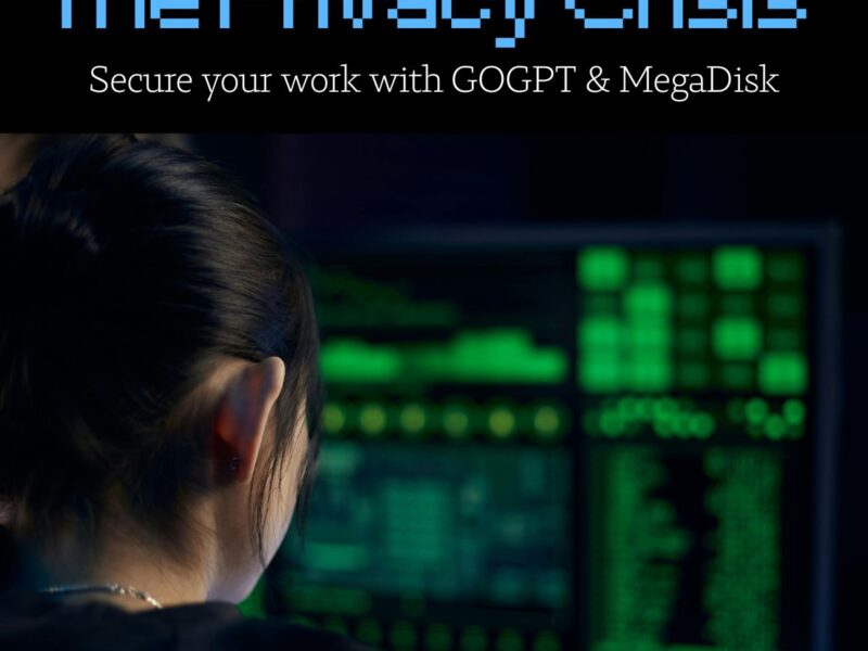 A stylized, secure digital lock or shield graphic representing GOGPT and MegaDisk, emphasizing private AI content storage and protection against the AI privacy crisis.