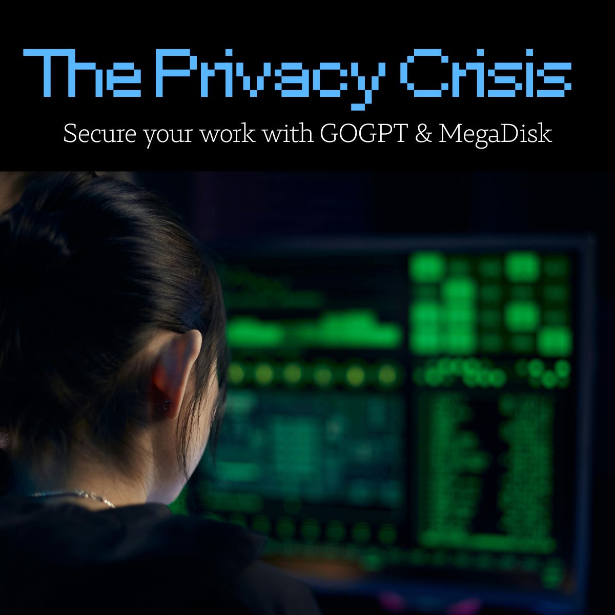 A stylized, secure digital lock or shield graphic representing GOGPT and MegaDisk, emphasizing private AI content storage and protection against the AI privacy crisis.